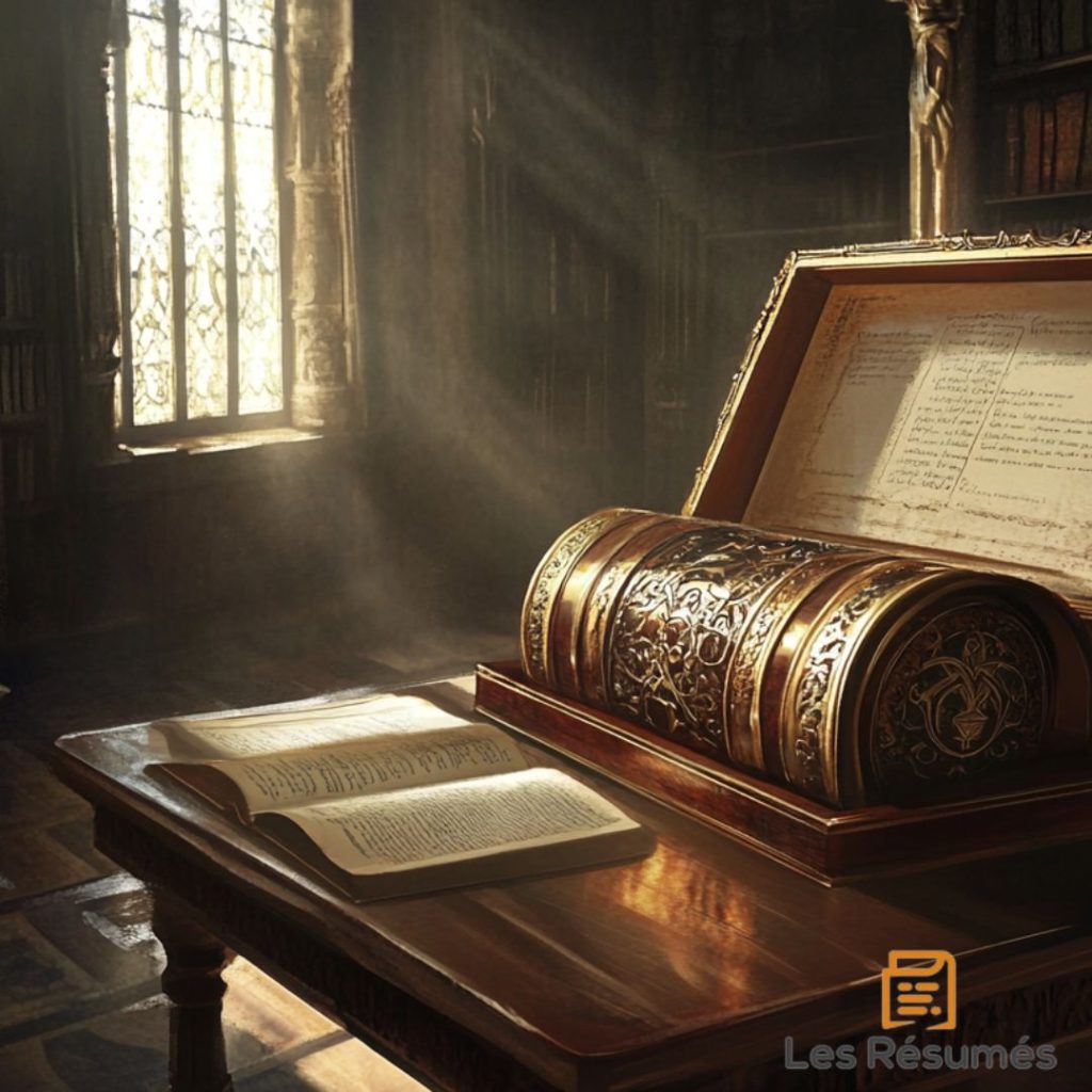 Un coffre doré d'aspect ancien, posé sur un bureau en bois avec des documents ouverts, baigné dans la lumière du jour filtrant à travers une fenêtre.