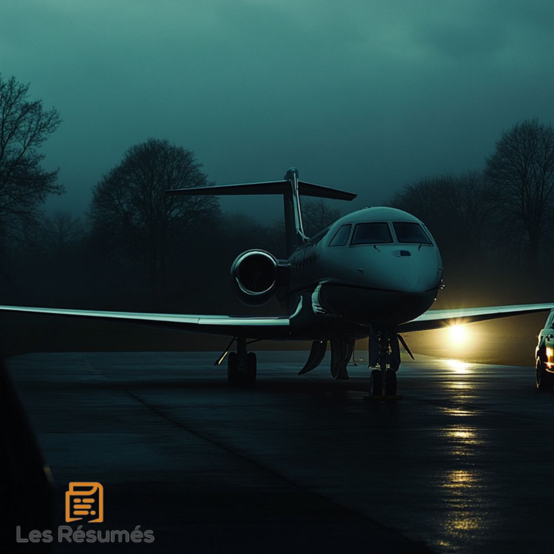 Un jet privé sur une piste d'atterrissage, illuminé par des phares dans une ambiance brumeuse et sombre, prêt à emmener Teabing, Langdon et Neveu vers de nouvelles révélations.