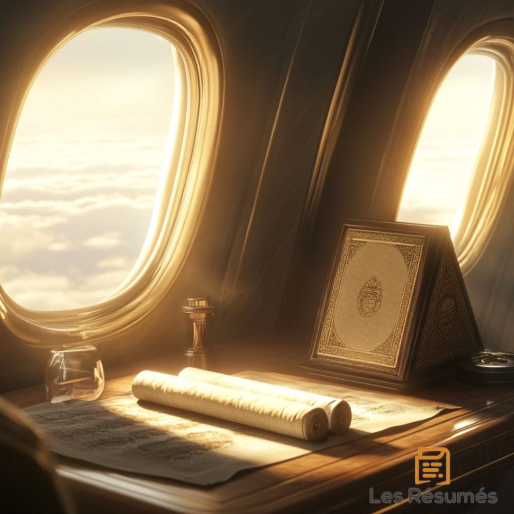 Une table avec des documents et un livre ancien, à bord d'un avion luxueux, la lumière douce du ciel extérieur traversant le hublot.