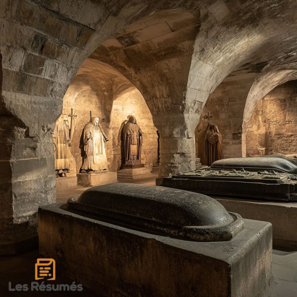 Une crypte ancienne, entourée de statues religieuses et de sarcophages en pierre, dégageant une atmosphère d'histoire et de mystère enfoui.