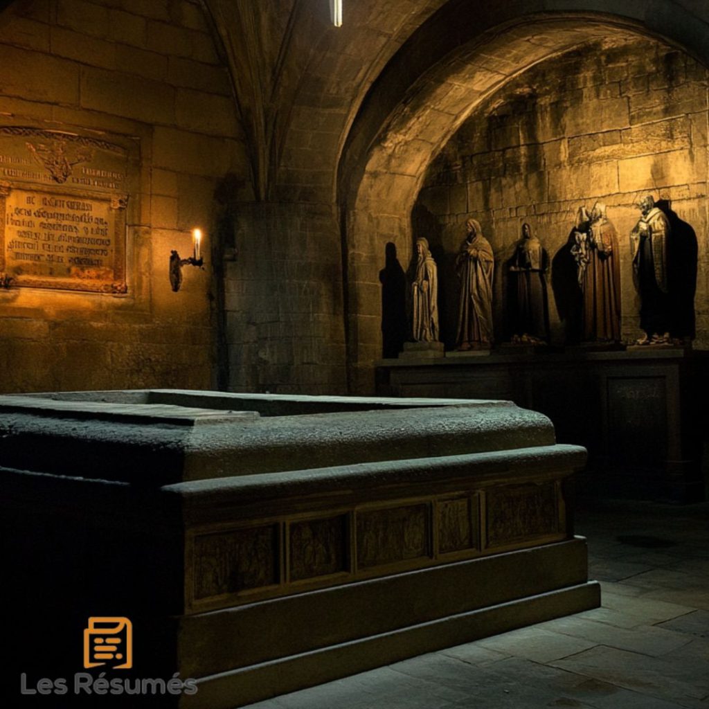 Un sarcophage en pierre reposant dans une crypte sombre, avec des statues religieuses en arrière-plan et une lumière tamisée.