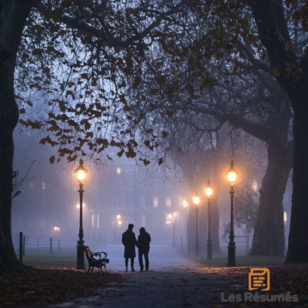 Langdon et Neveu marchent sous des lampadaires dans une allée brumeuse, entourée d'arbres dénudés, évoquant une discussion secrète ou une révélation à venir.