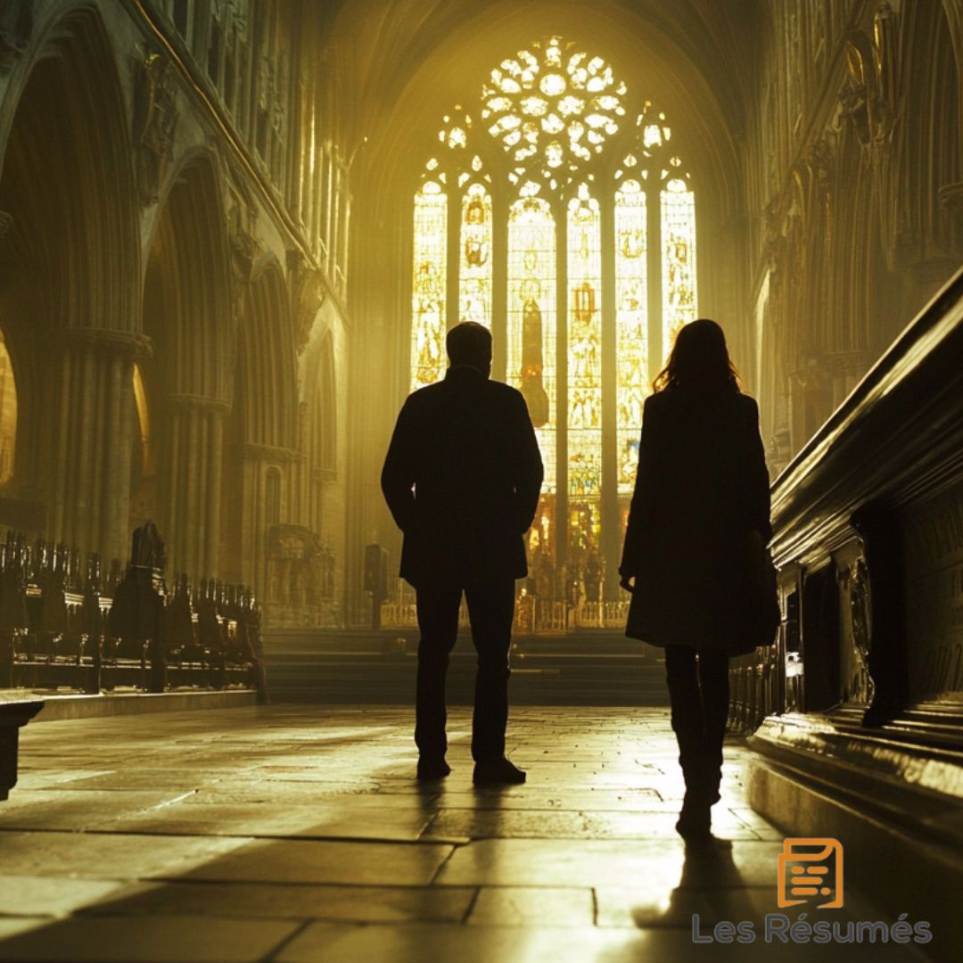 Langdon et Neveu contemplent les vitraux colorés et illuminés d'une cathédrale, l'atmosphère baignée de lumière dorée, symbolisant un moment de découverte spirituelle dans le Da Vinci Code. 