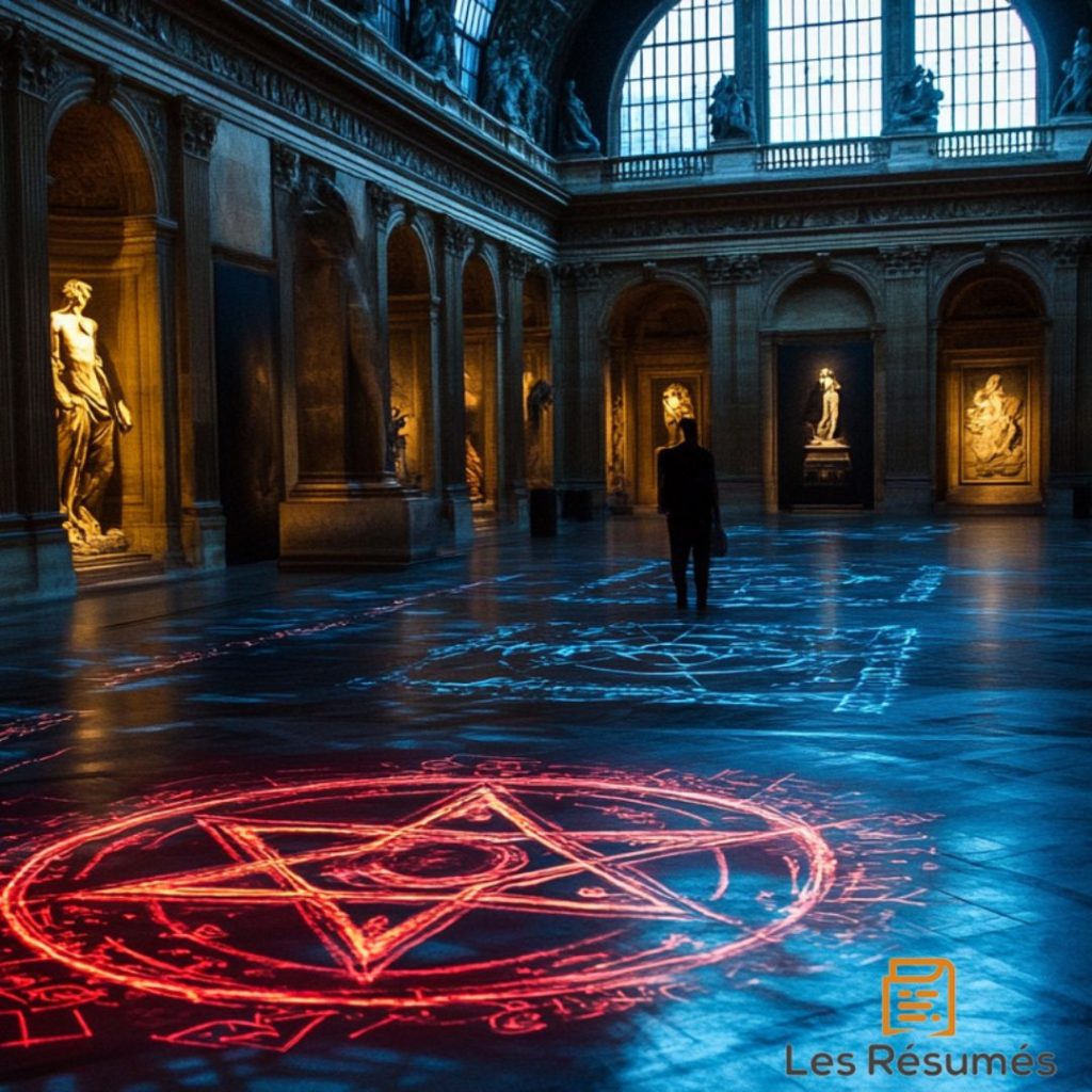 Un homme se tient dans une grande salle du Louvre, entouré de statues classiques, tandis que des symboles ésotériques brillent sur le sol.