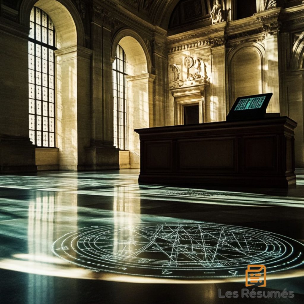 Une salle éclairée par la lumière naturelle, avec une tablette numérique posée sur un pupitre, entourée d'inscriptions alchimiques projetées au sol illustrant les chapitres de le Da Vinci Code. 
