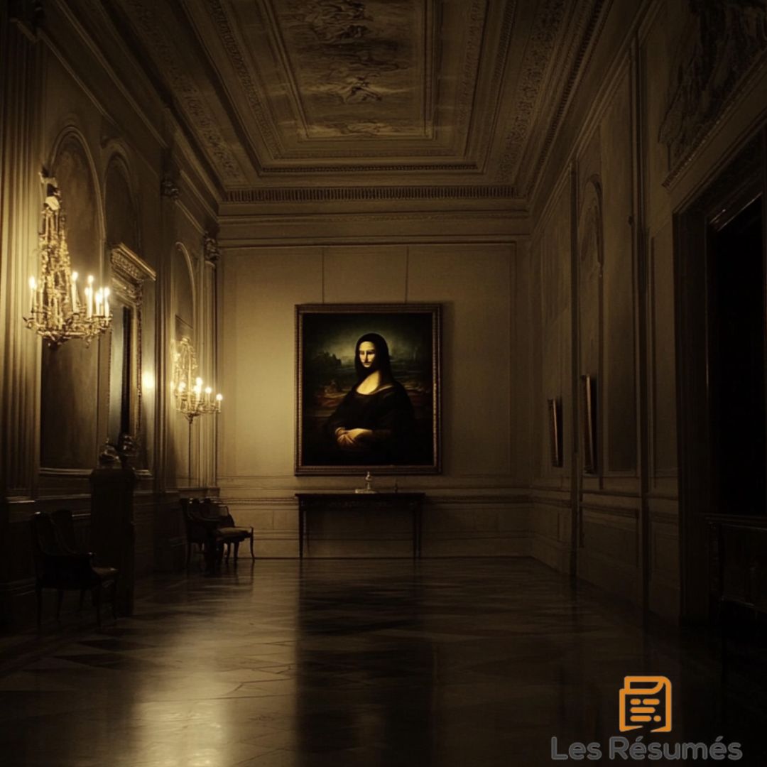 Le célèbre tableau de la Joconde exposé dans une salle vide, illuminée par des chandeliers, ajoutant une atmosphère de secret à notre résumé de le Da Vinci Code. 