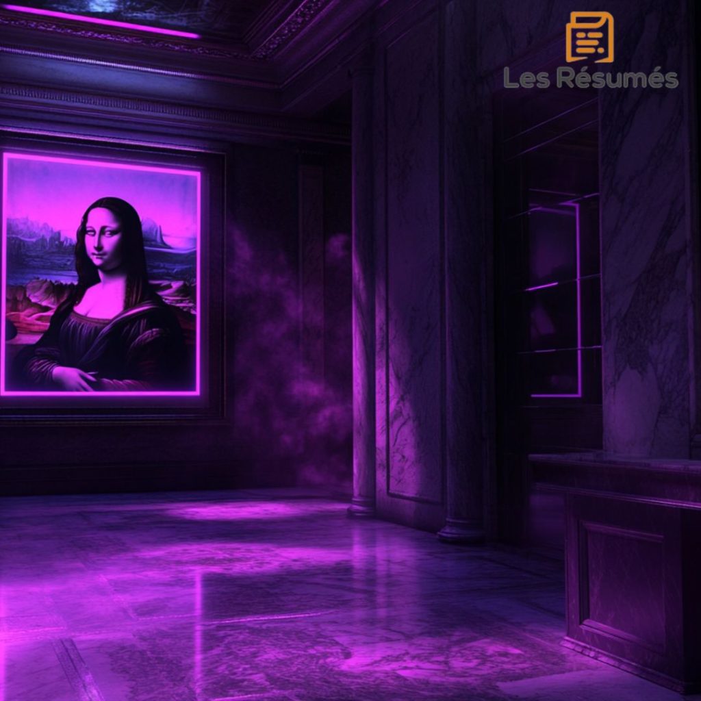 La Joconde revisitée sous un éclairage violet, créant une ambiance moderne et mystérieuse qui évoque le moment où Langdon et Neveu examine la toile. 