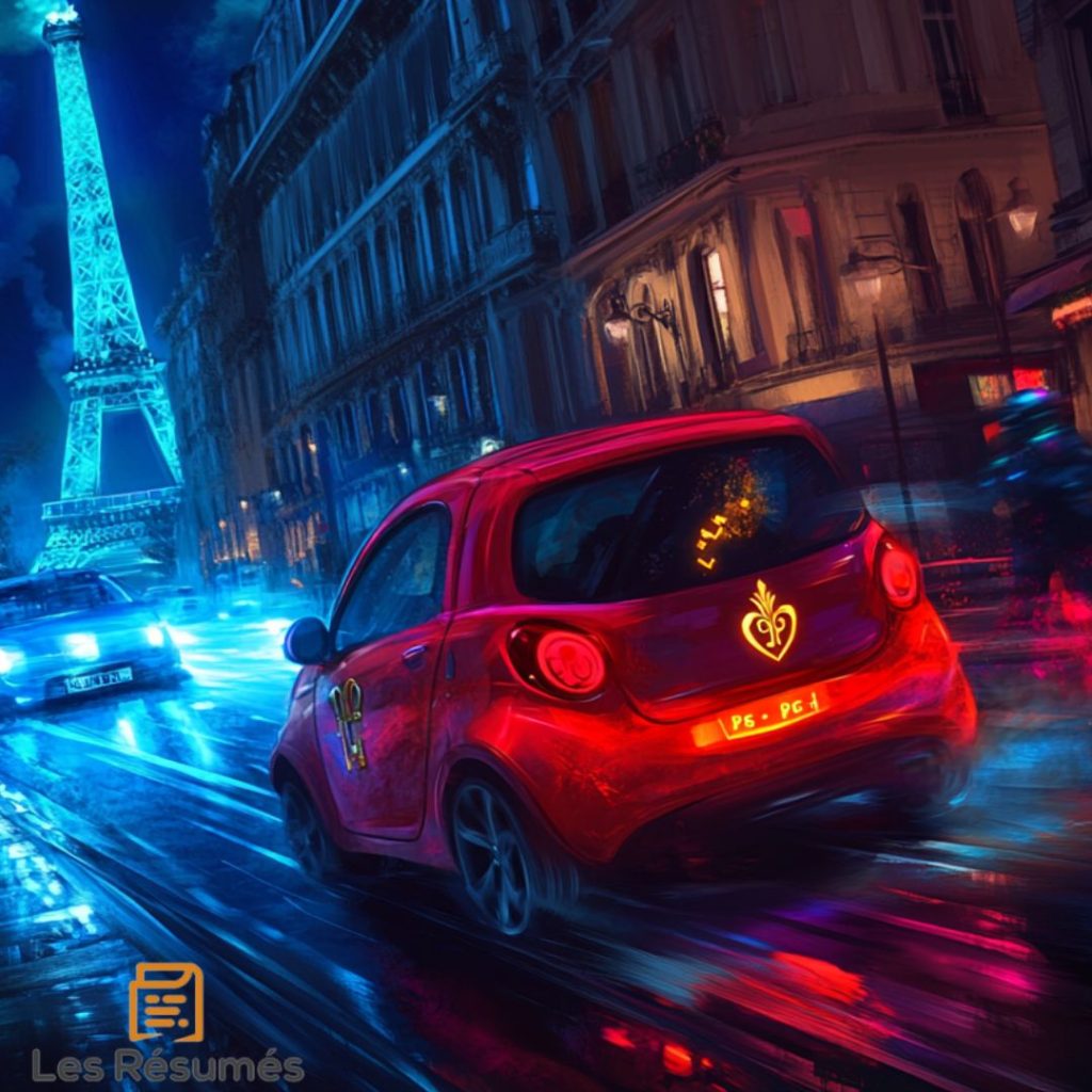 Une petite voiture rouge fonce dans les rues de Paris, sous la lueur bleutée de la Tour Eiffel, évoquant la course poursuite dans Da Vinci Code. 