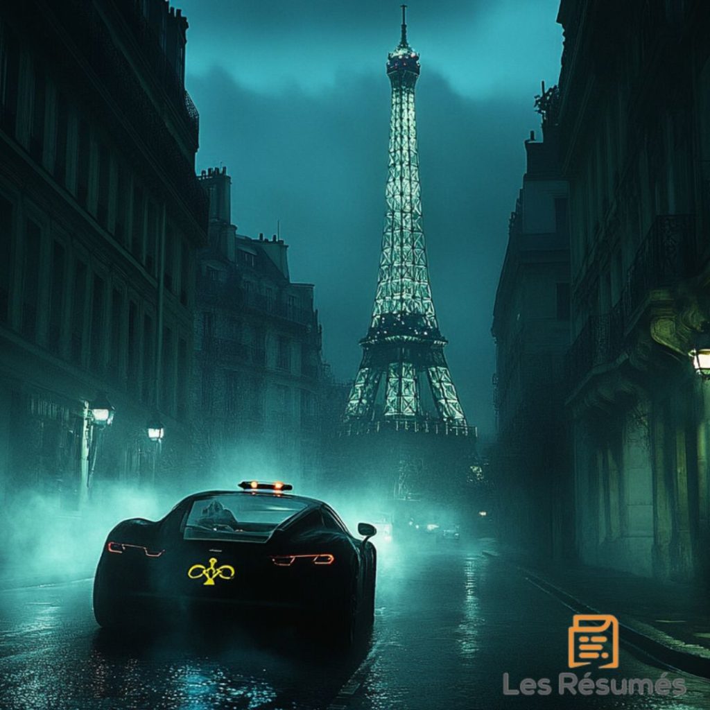 Une voiture noire roule dans une rue brumeuse de Paris, avec la Tour Eiffel en arrière-plan, symbolisant l'élan vers la découverte d'un secret.