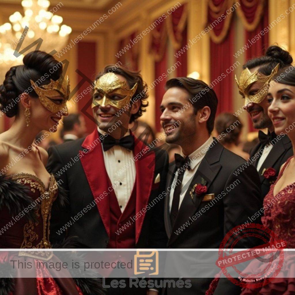 Photo des divers invités au bal masqué. 