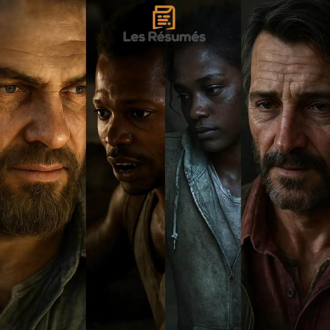  Montage de quatre portraits en gros plan de personnages distincts de l'univers The Last of Us, disposés côte à côte verticalement : Bill, Henry, Sam et David.