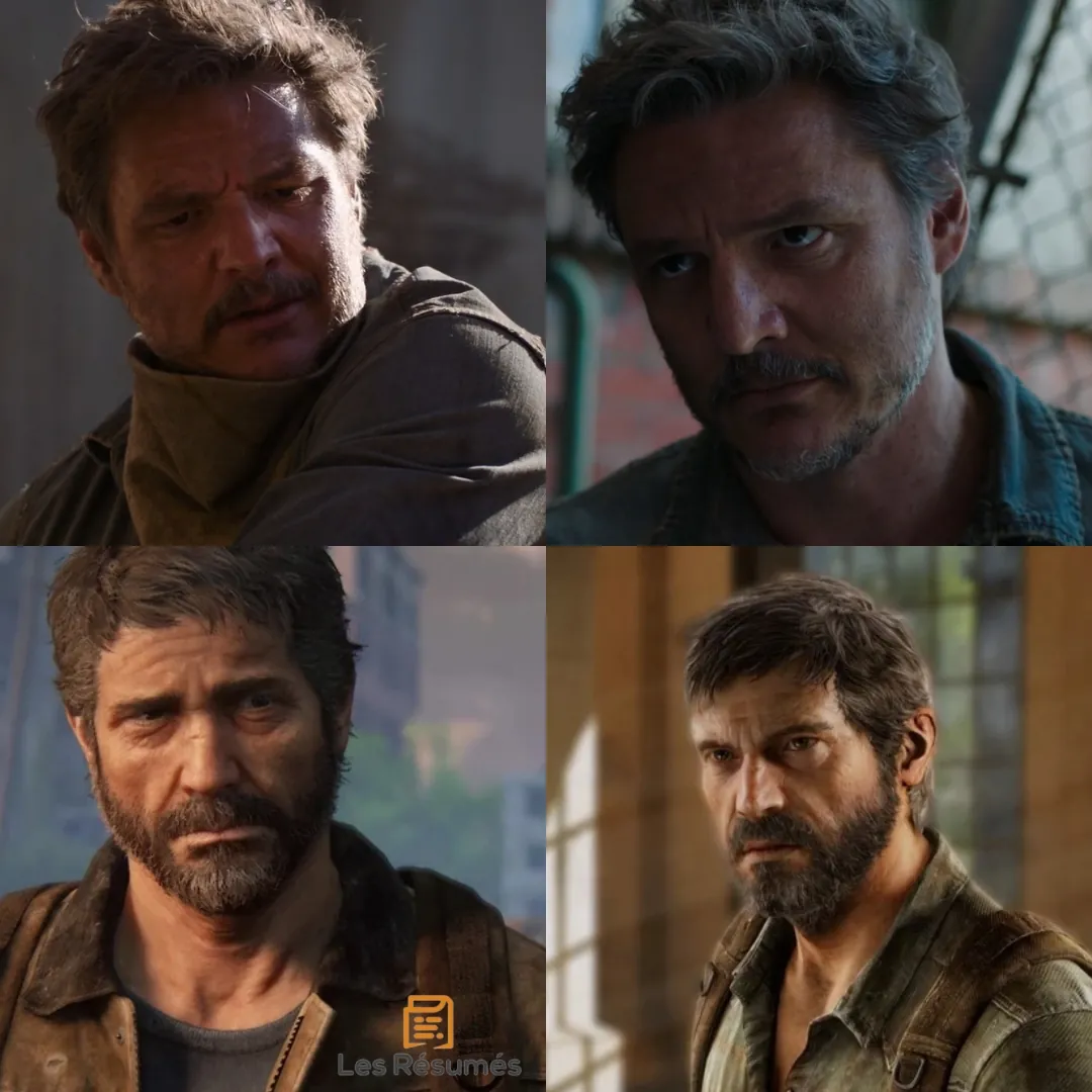  Comparaison visuelle du personnage Joel Miller : deux portraits issus de la série télévisée HBO en haut, et deux portraits issus du jeu vidéo The Last of Us en bas.