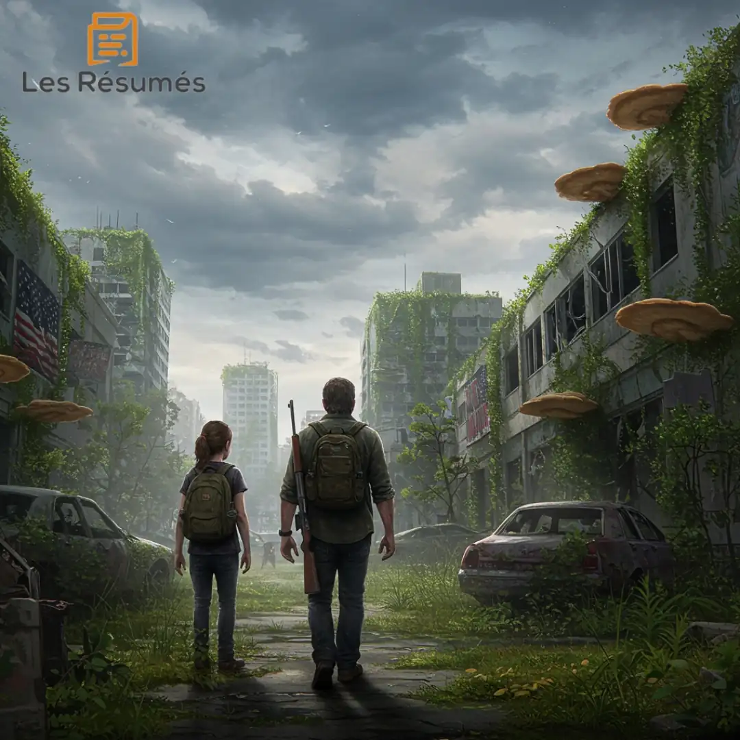 Joel avec un fusil et Ellie, vus de dos, marchent dans une rue envahie par la végétation au milieu de bâtiments abandonnés et couverts de champignons, dans un décor post-apocalyptique.