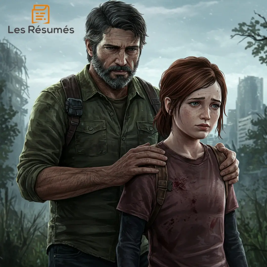 Illustration de Joel posant ses mains sur les épaules d'Ellie, debout devant lui, avec un air protecteur, sur fond de ville en ruines.
