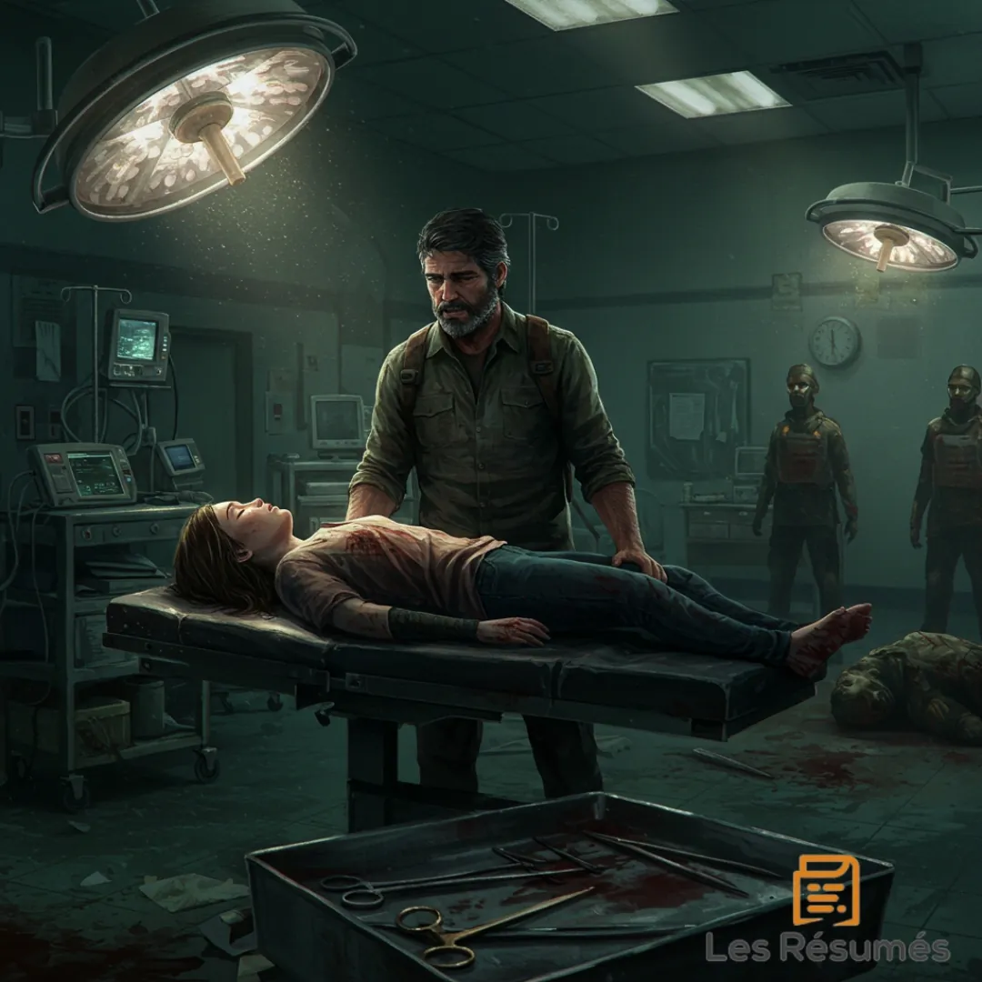 Scène dans une salle d'opération où Joel se tient debout derrière Ellie inconsciente allongée sur une table, tandis que des gardes se tiennent en arrière-plan, issue de l'univers du jeu vidéo de The Last Of Us. 