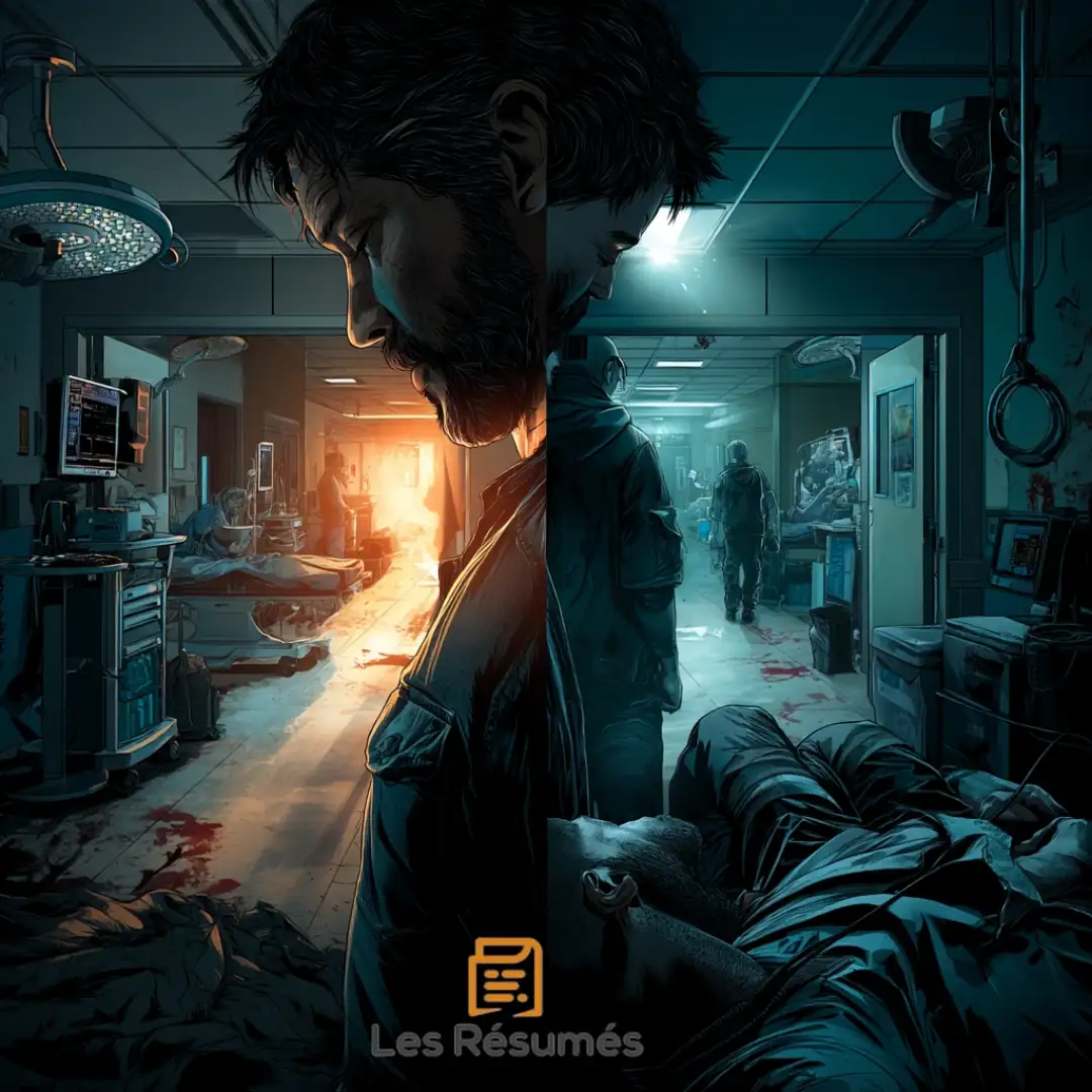 composition d'images montrant le profil de Joel superposé à une scène chaotique dans un hôpital, avec des corps au sol et des traces de violence, illustrant un conflit intérieur ou un dilemme.