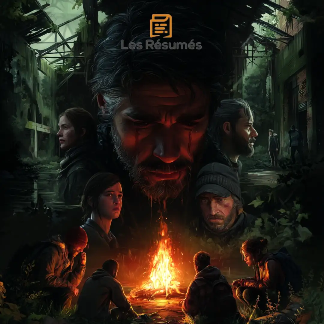 Montage illustrant l'univers de The Last of Us, avec un portrait central dominant de Joel, entouré d'autres personnages, et une scène de personnages rassemblés autour d'un feu de camp en bas.