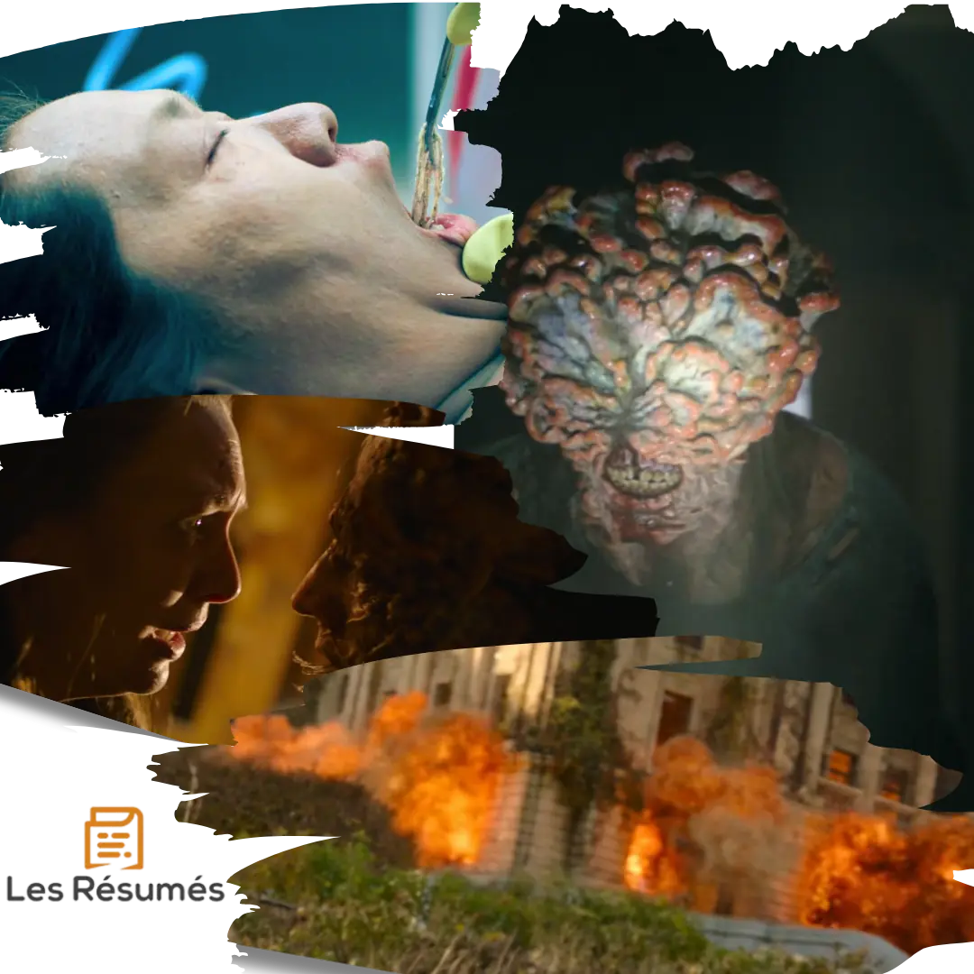 Collage de scènes de l'épisode 2 de The Last of Us, montrant un personnage infecté, un Claqueur (Clicker), Tess devant un infecté, et une explosion dans un bâtiment.