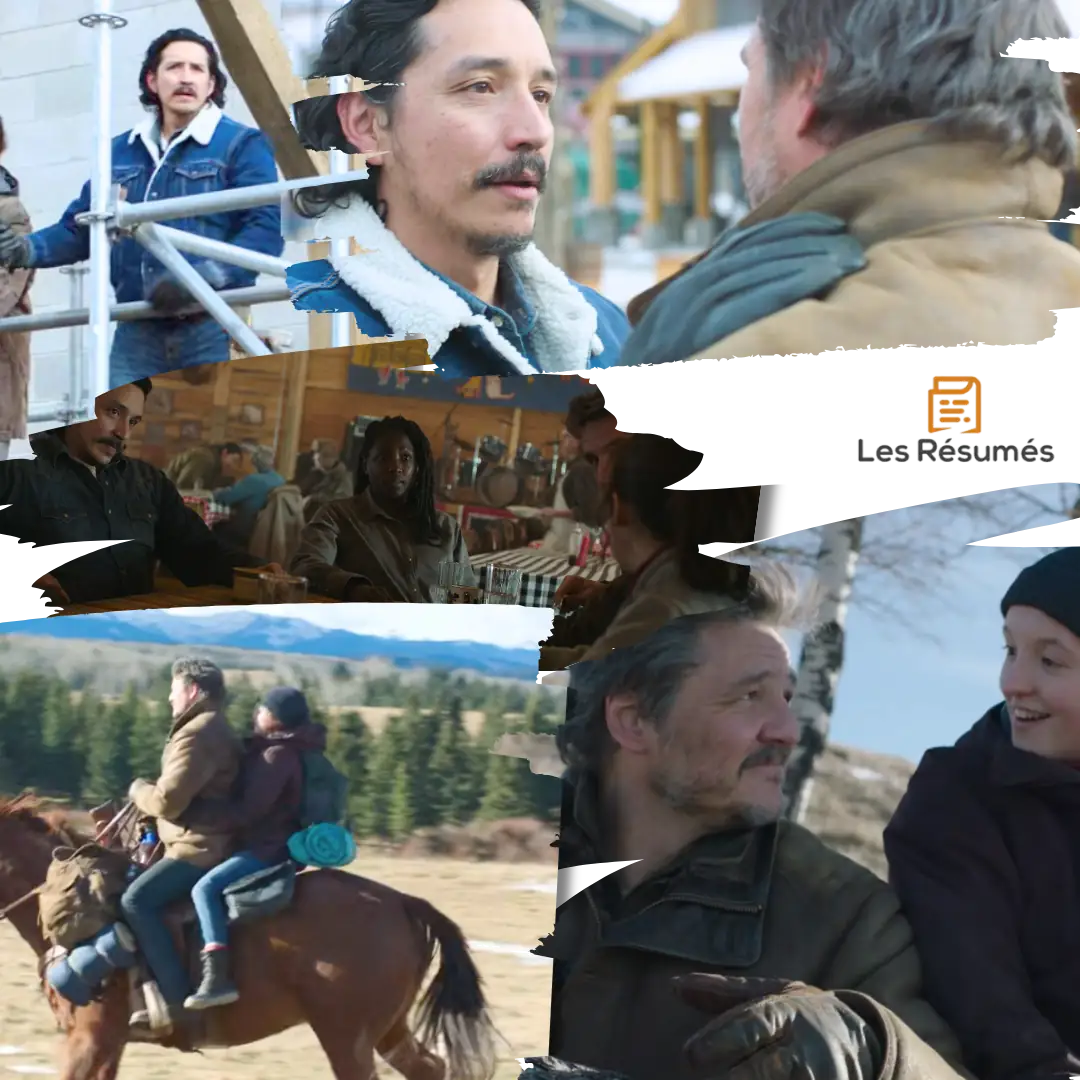  Montage de scènes de l'épisode 6 montrant les retrouvailles de Joel avec son frère, des interactions dans la communauté de Tommy, Joel et Ellie à cheval dans la neige, et des moments de discussion entre personnages.
