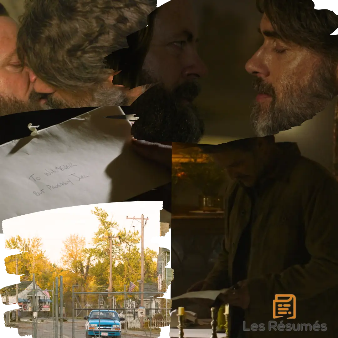  Collage de plusieurs scènes issues de l'épisode 1 de The Last of Us, incluant une interview télévisée, le moment où Sarah meurt, un gros plan du visage d'Ellie, et la scène où Tess, Joel et Ellie s'enfuient.