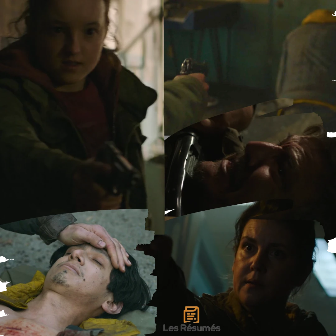Montage de scènes de l'épisode 4 de The Last of Us, où l'on voit Ellie tenant un revolver pointé vers un assaillant qui domine Joel, le mort est découvert par Kathleen et Jerry.