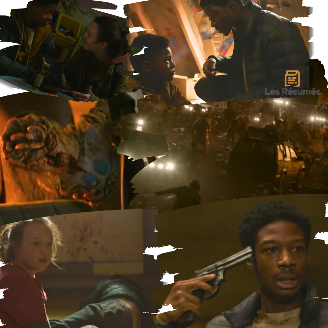Collage de scènes de l'épisode 5 où l'on voit des moments de complicités entre Ellie et Sam, Henry et son fils ainsi que l'attaque de Kansas City et le suicide d'Henry après avoir tiré sur Sam qui était infecté.