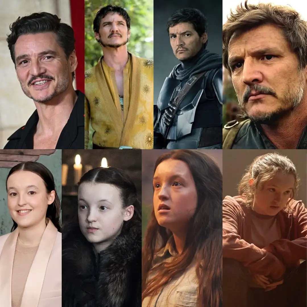 Montage photos des différents rôles de Pedro Pascal (Oberyn Martell dans Game Of Thrones, Din Djarin dans Le Mandalorien et Joel) et Bella Ramsey (Lyanna Mormont dans Game of Thrones, Angelica dans His Dark Material et Ellie dans The Last of Us).