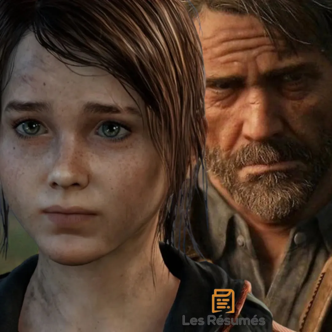  Portrait en gros plan d'Ellie et de Joel derrière elle, tiré du jeu vidéo : The Last of Us.