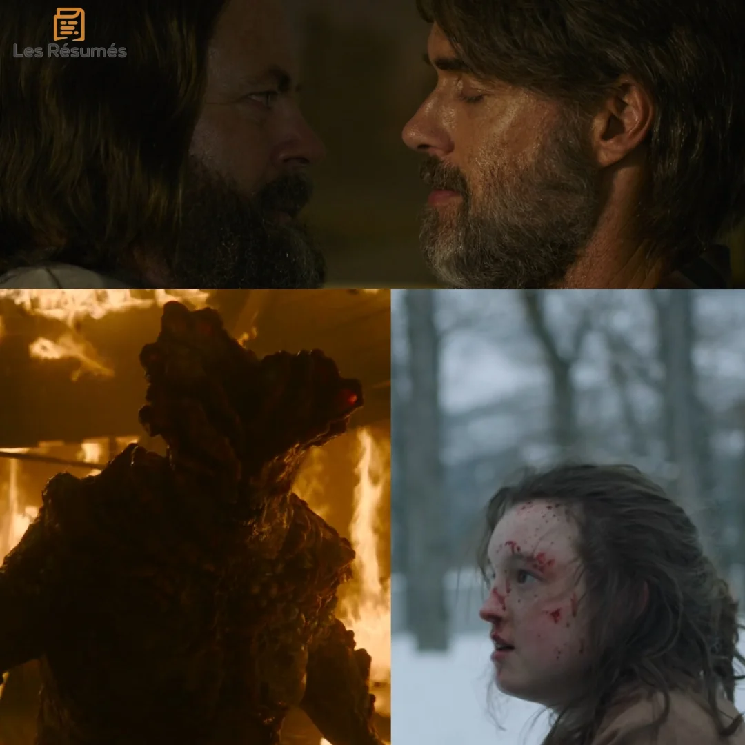 Collage de trois scènes marquantes de The Last of Us : Bill et Frank face à face, un Colosse (Bloater) devant des flammes, et Ellie dans la neige avec du sang sur le visage.