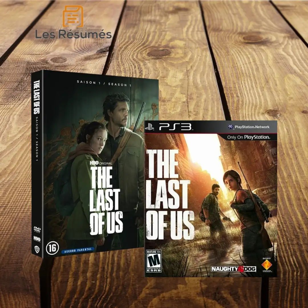 Boîtier DVD de la série HBO The Last of Us Saison 1 posé à côté de la jaquette du jeu vidéo The Last of Us pour PlayStation 3 sur une surface en bois.