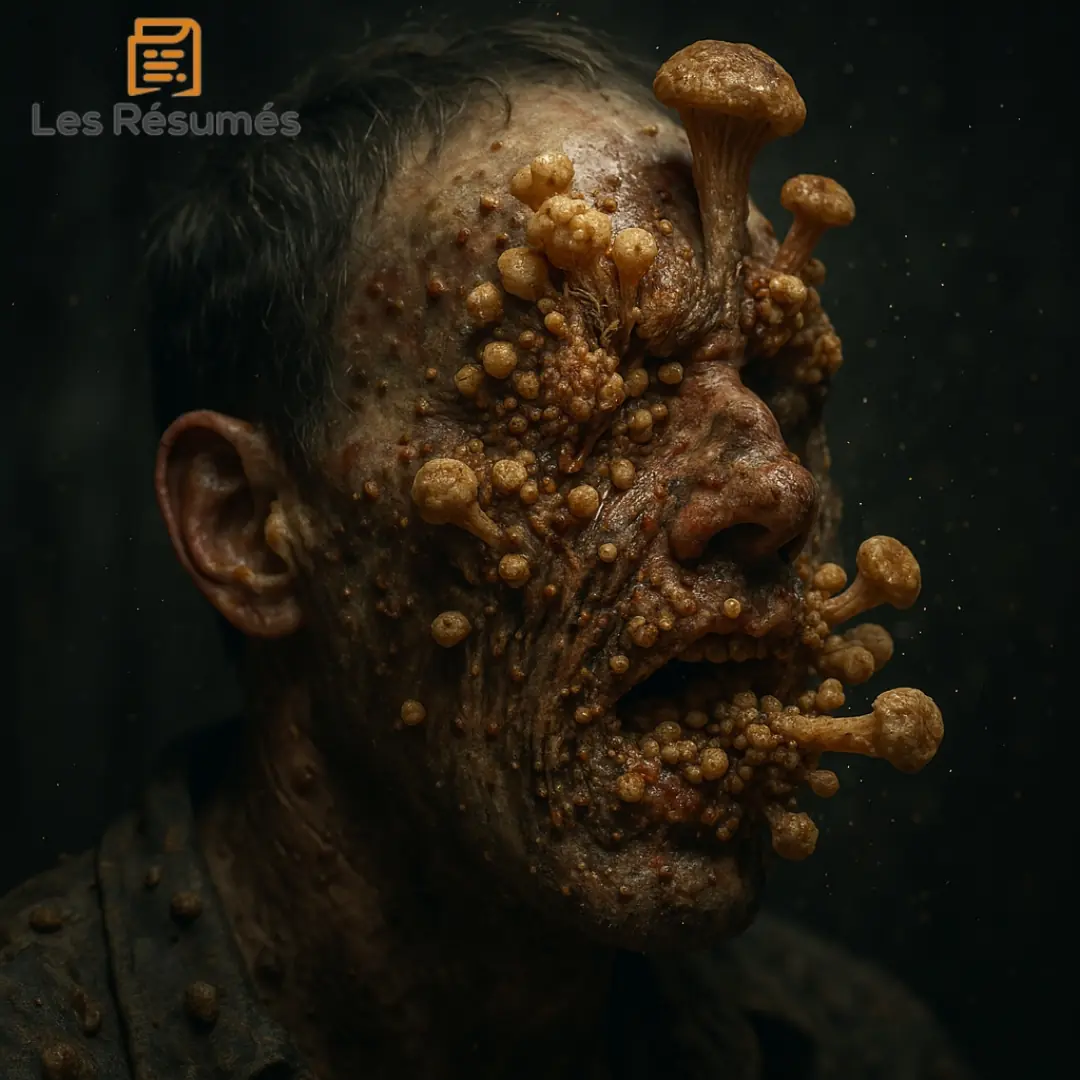 Portrait terrifiant d’un infecté par le Cordyceps dans l’univers de The Last of Us, avec des excroissances fongiques réalistes surgissant du visage, des yeux et de la bouche, illustrant la propagation avancée du champignon dans un décor sombre et post-apocalyptique.